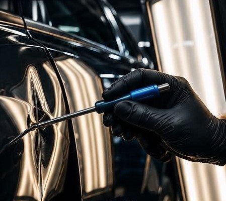 Technician using a PDR rod on a car panel under an LED light board